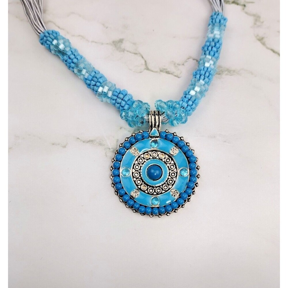 Blue Beaded Necklace Pendant Rhinestones Round 16" - 19" Multi Strand Silvertone